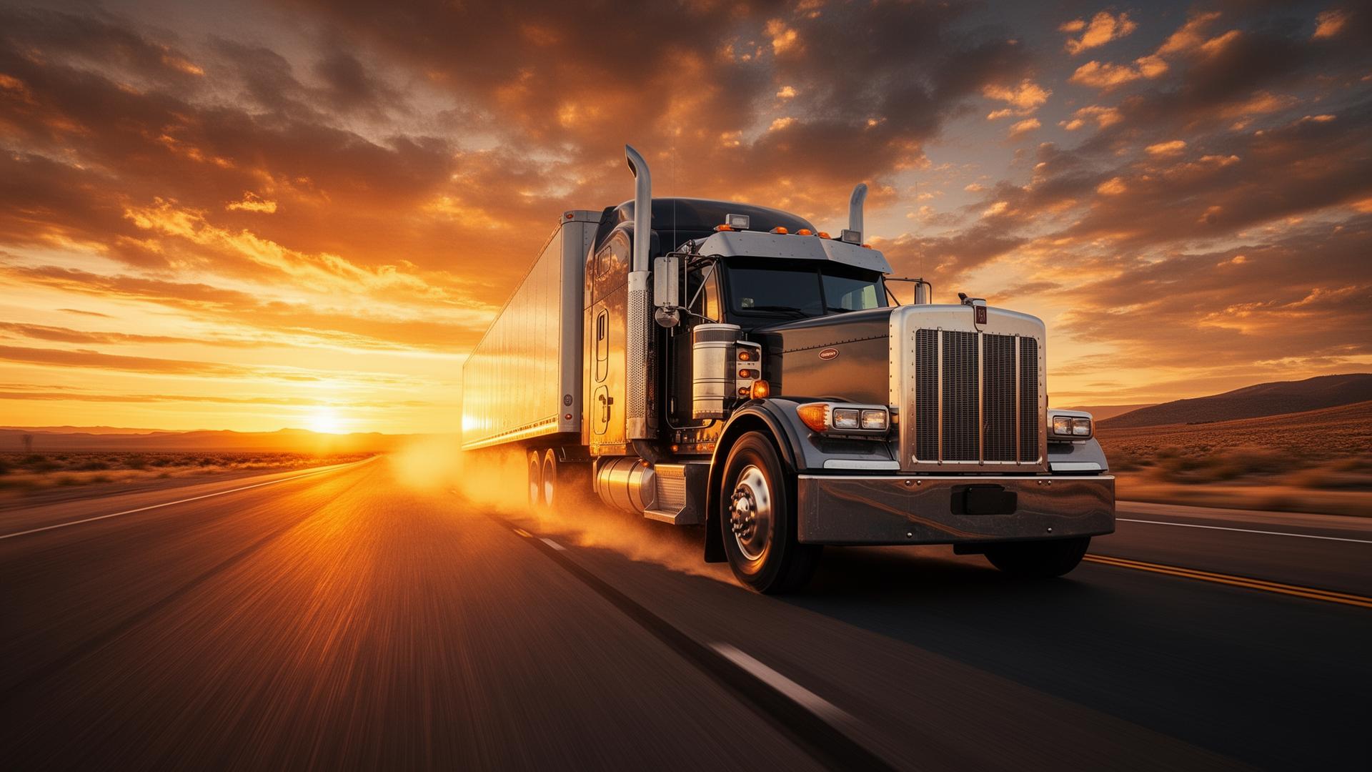 Camión 18 ruedas en autopista al atardecer